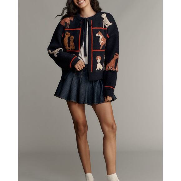 NWT Anthropologie Maeve Dogs Tie-front Navy Cardigan Sweater OS - Picture 3 of 4